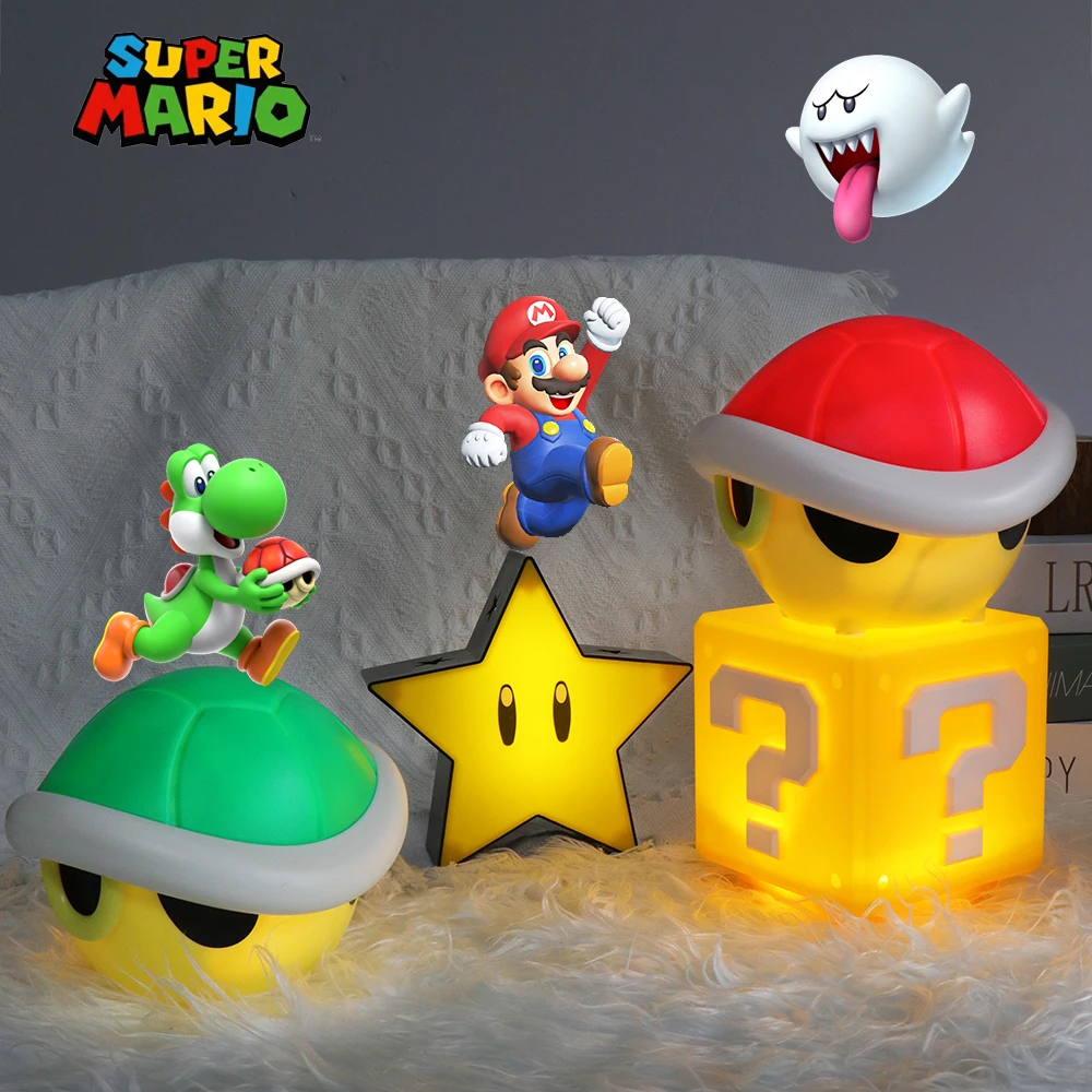 Super Mario Bros LED Night Lamp Sound Boo Koopa Troopa Star Question Mark Mushroom Figures Toy Table Lamp Around Animation Gifts