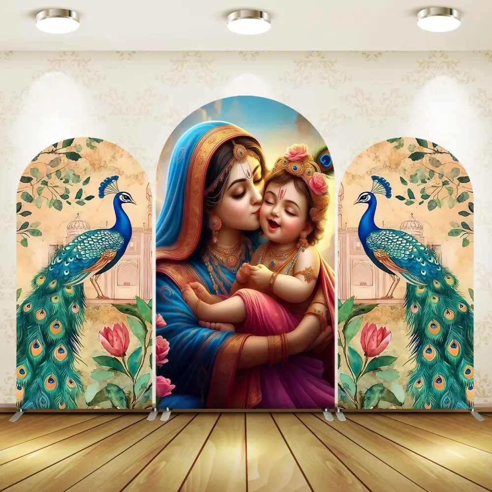 Peacock Birthday Decoration Arch Wall Panels India Yashoda and Krishna Kids Birthday Wedding Baby Shower Baptism Custom 2-Sided