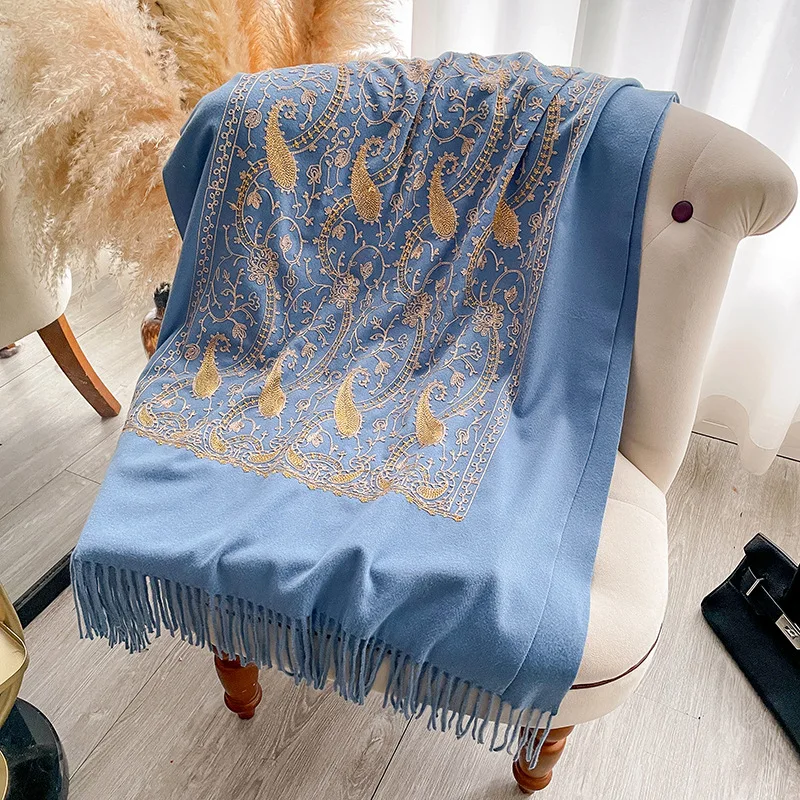 

Винтажный зимний кашемировый шарф с вышивкой, женский дизайн, теплое одеяло из пашмины, шарфы-пончо, женская шаль, толстый платок Bufanda