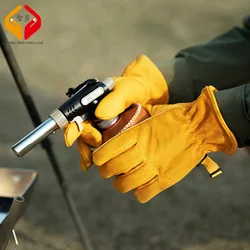 Outdoor Cowhide Leather Retro Yellow Gloves, Wear-Resistant, Work, Camping, Labor and Insurance