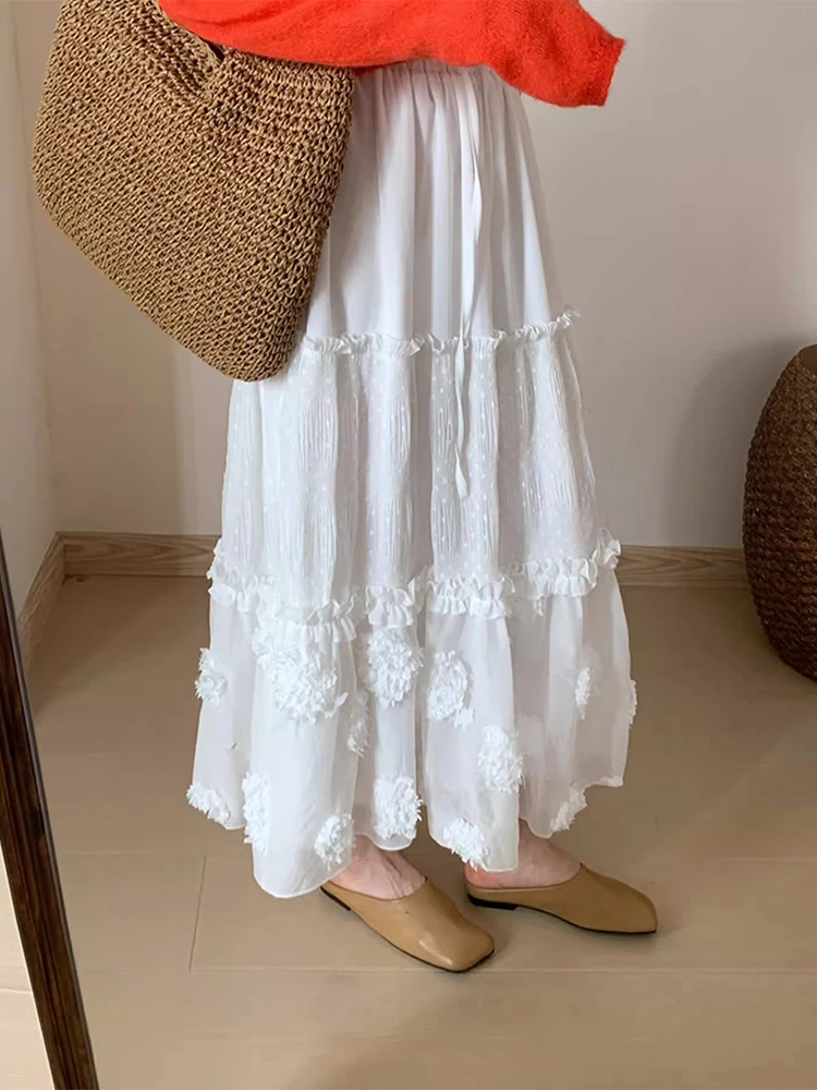 

Heavy Embroidery White 3D Flower Tulle f Skirt Dstring Elastic Waist Slimming A-Line Long Skirt Summer Faion Women's ...