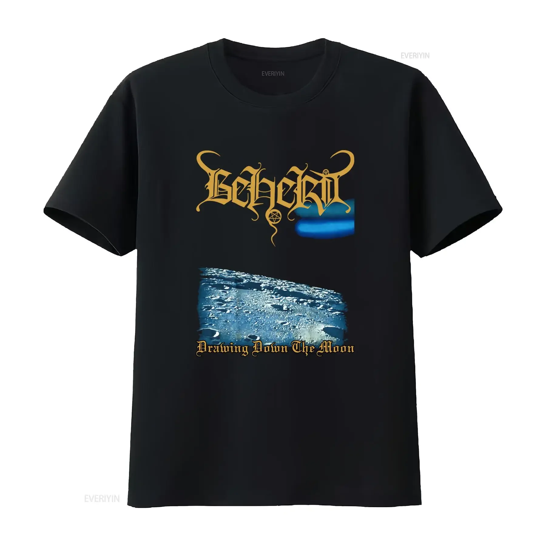 Camiseta Beherit Drawing Down The Moon Black Metal com design inspirado em Mystifier Archgoat Blasphemy, vintage, ligeiramente desgastada.