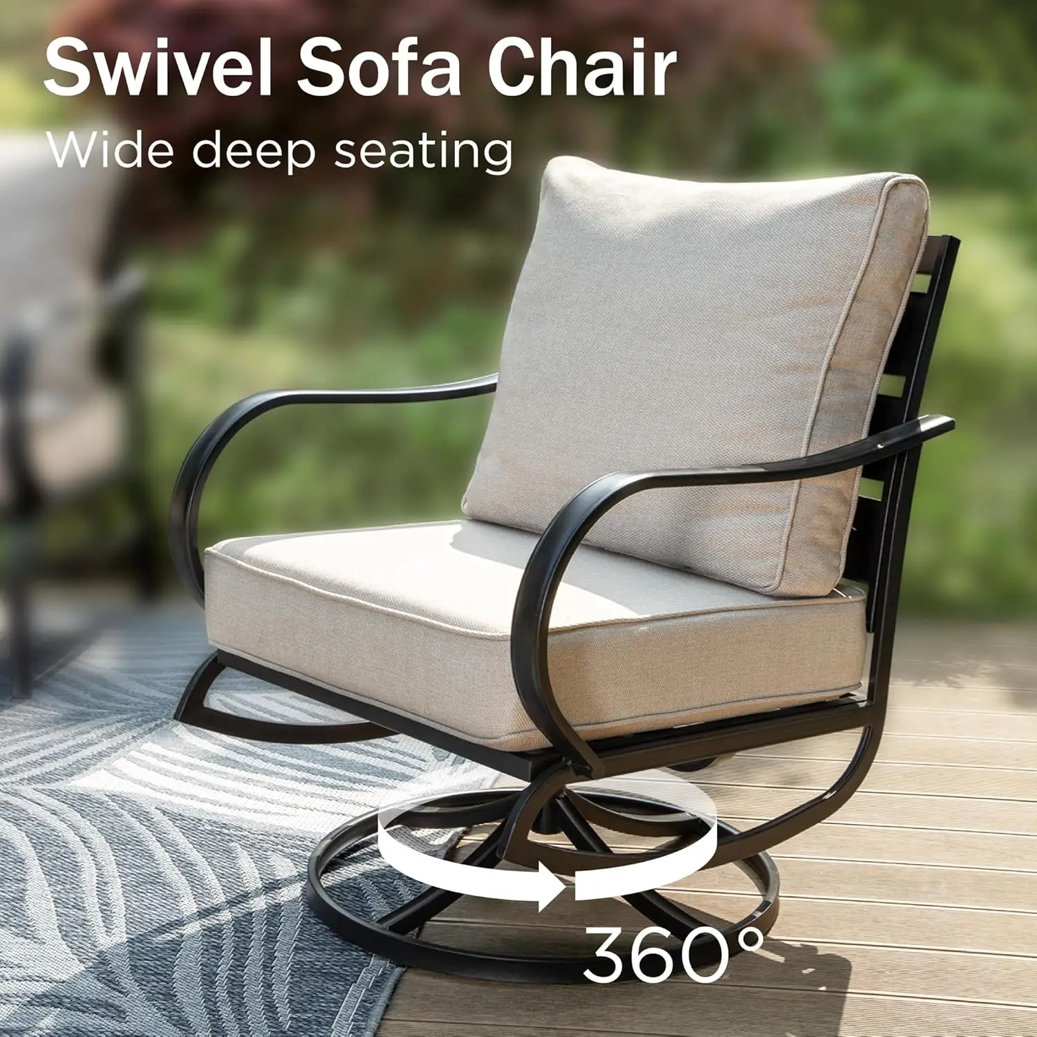 2 Piece Swivel Padded Metal Outdoor Dining Chairs Set with Cushioned Seat ized for Conversation Deck Lawn Garden Backyard