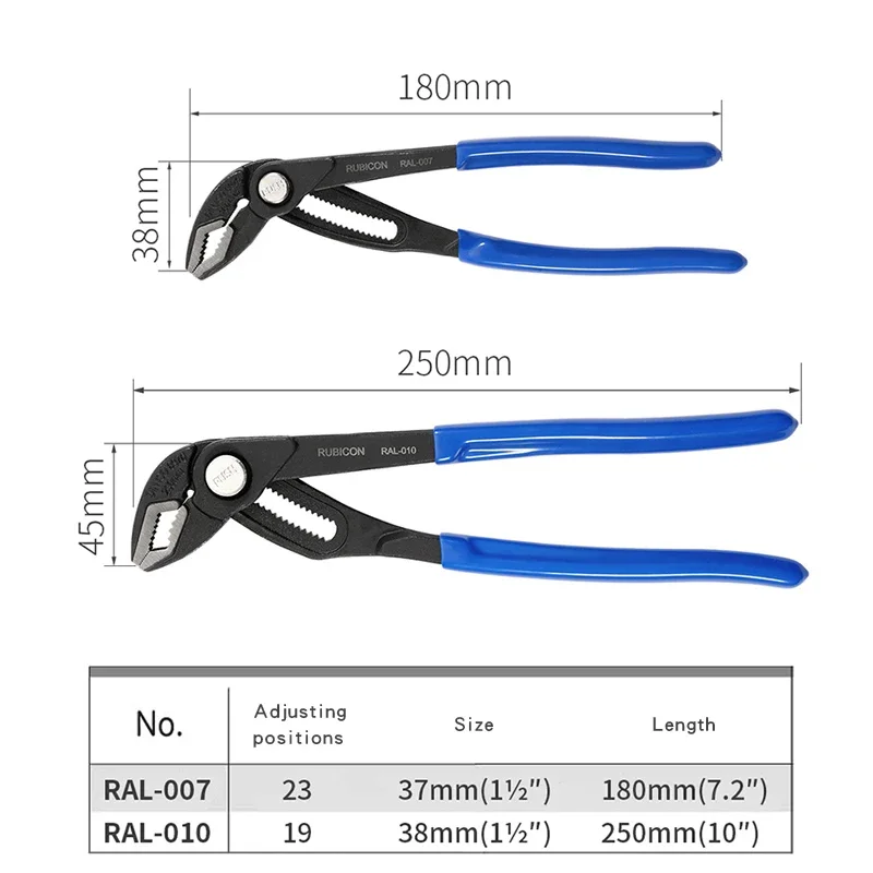 RUBICON Tools Water Pump Pliers Quick-Release Straight Jaw Cobra Plier Adjustable Positions CR-MO Steel Plumber RAL-007|RAL-010