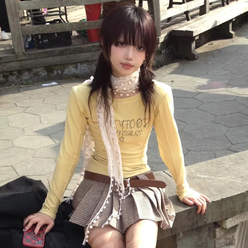 Karrram Japanese Y2k Letter Print T-shirt Vintage Harajuku Yellow Crop Top 2000s Style Aesthetics Long Sleeve T Shirt Fairycore