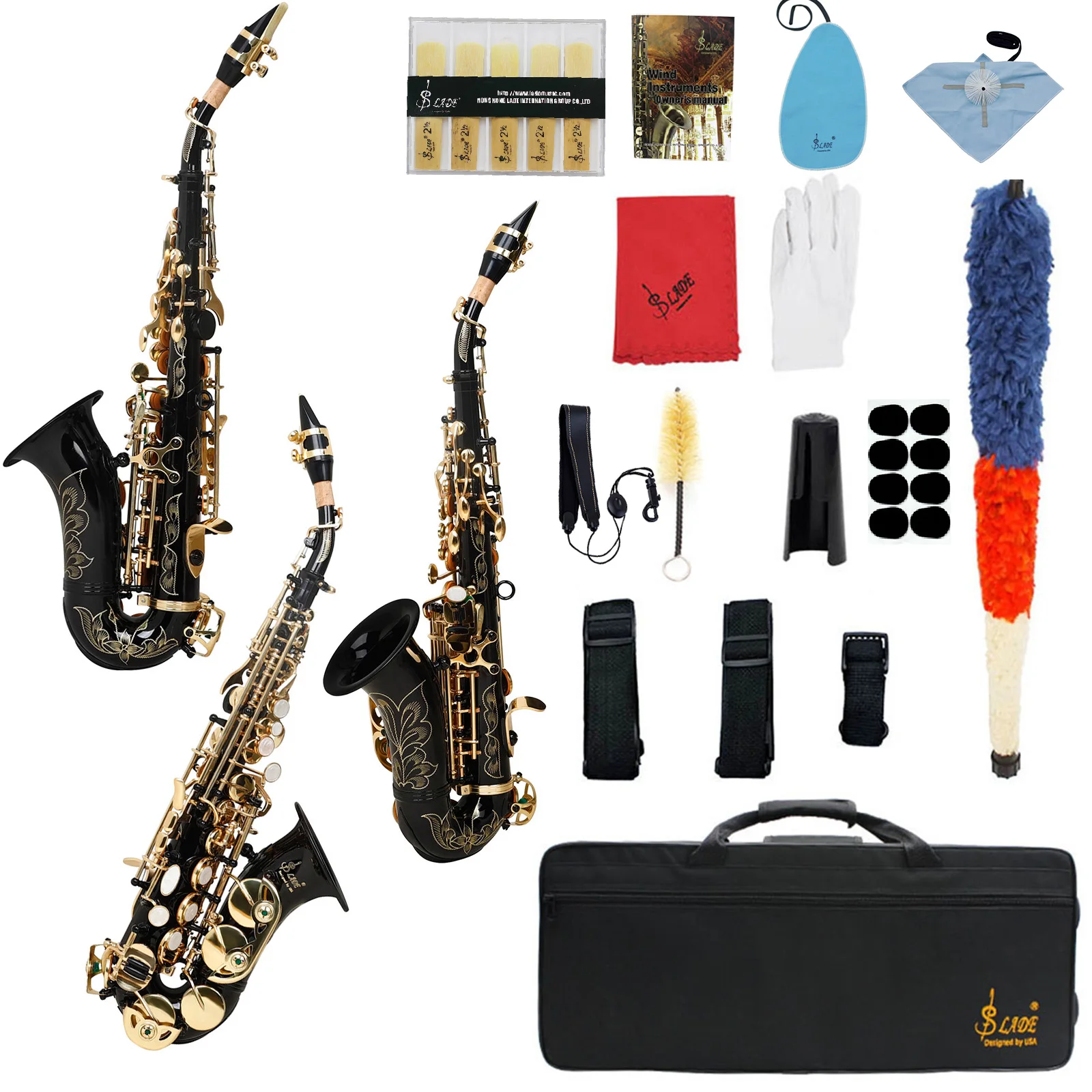 

SLADE Soprano Saxophone B-tone Brass Tube Carved Shell Button Black Gold Button with Gloves Wiping Cloth Brush Box