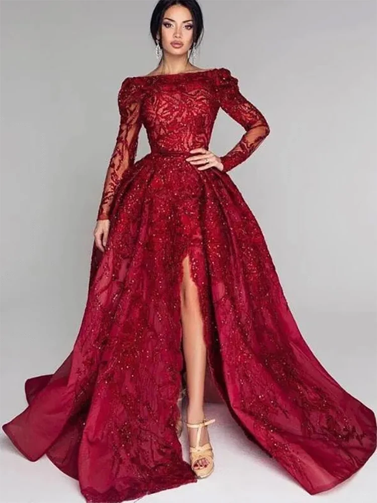 Sexy Dark Red Satin Lace Beads Illusion Formal  Evening Dresses  Long Sleeves  Backless Side Split Prom Gowns  Custom