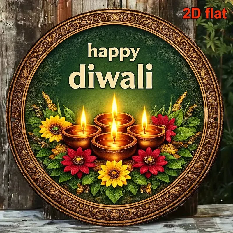 CIFBUY Vintage Happy Diwali Blessing Sign, Aluminum Wall Art Waterproof Wear Resistant Round Metal Plaque for Home Living Room F