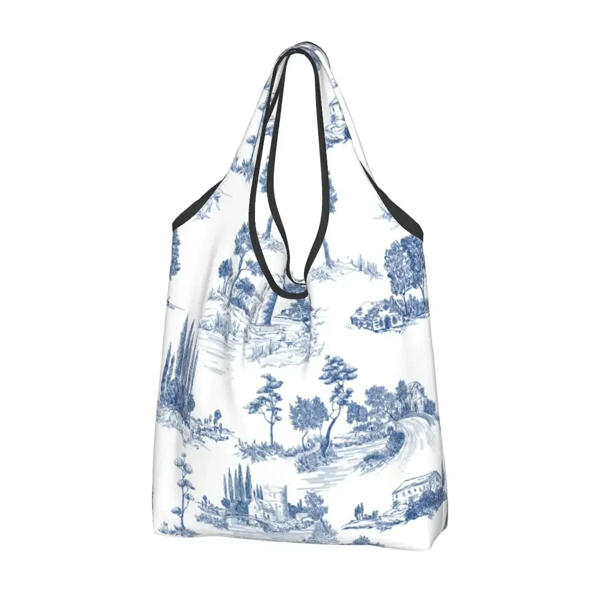 Toile De Jouy Print Countryside Views Shopping Bags Reusable Grocery Tote Bags 50LBS Capacity Castles Landscapes Recycling Bags