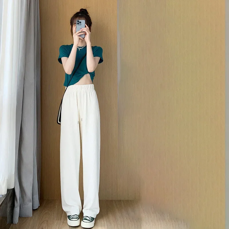 Women\'s White Slacks Pants, Wide Leg Trousers, Drawstring, Vintage Streetwear, High Fashion, Office Ladies, Work Bottoms, Korean