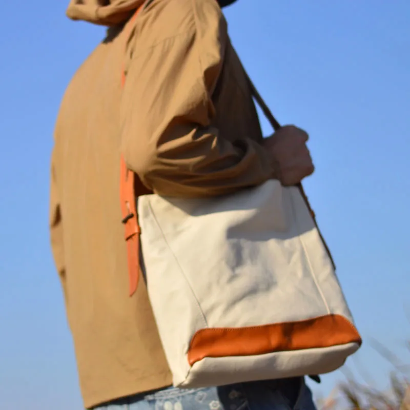 

AETOO Vintage cowhide spliced canvas Tote bag large capacity simple casual shoulder men's bag