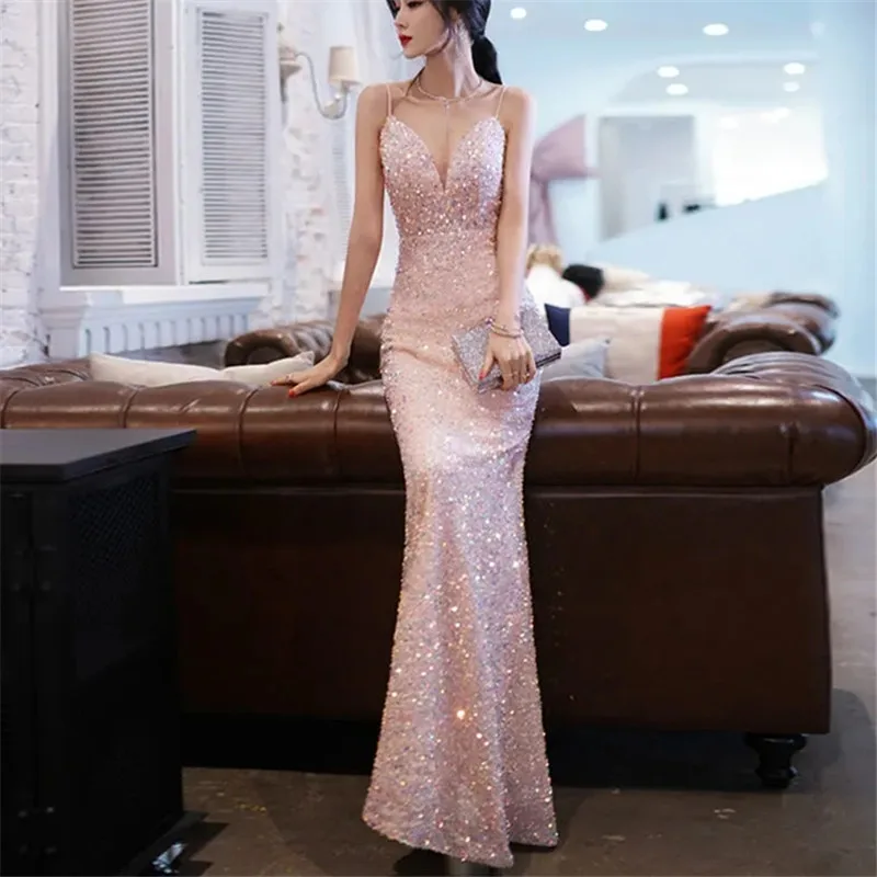 

Dress Women's Summer New Suspenders V-neck Solid Color Beaded Sequins Diamonds Fishtail Skirt Temperament Female Clothing M254