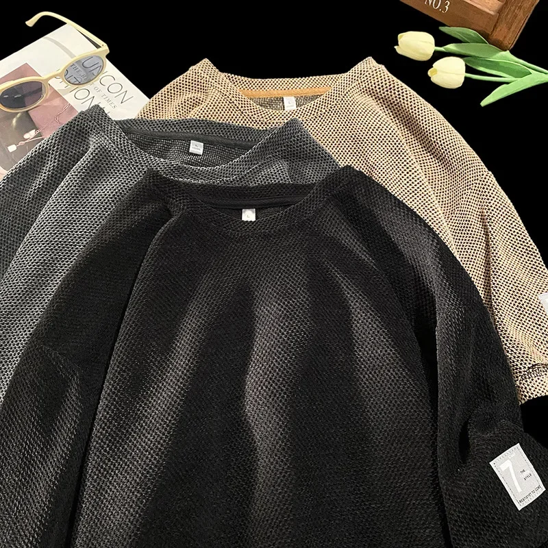 Youth Men's Round Neck Short Sleeved T-shirt Summer Trendy Loose Casual Coffee Heavyweight Top Tees Oversize Honeycomb Knitting image 4