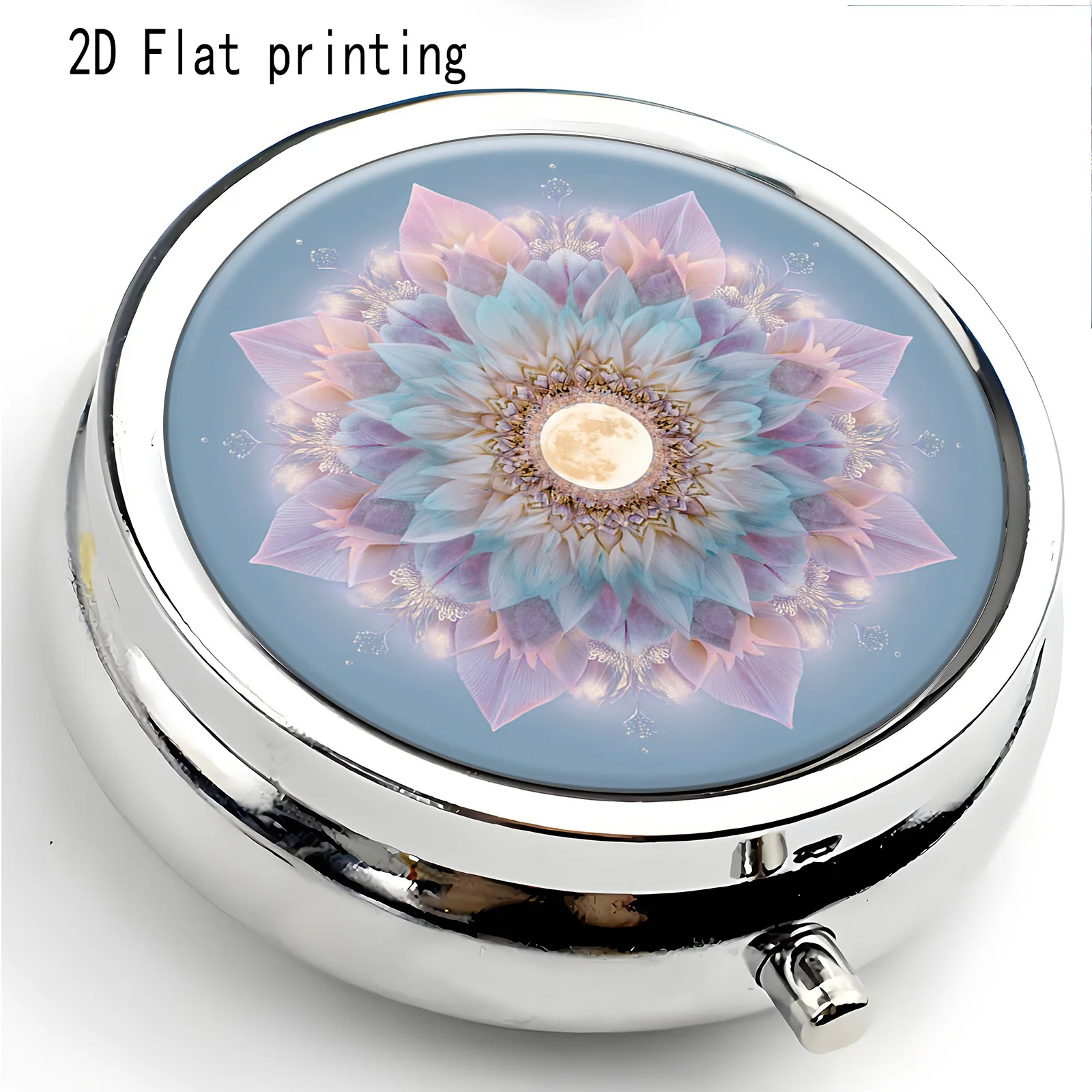 Single pack, flat print, light-colored background mandala gradient full moon gentle healing round multi-compartment portable case, sealed and moisture-proof, portable vitamin storage, low saturation, gentle, suitable for girls' daily commute