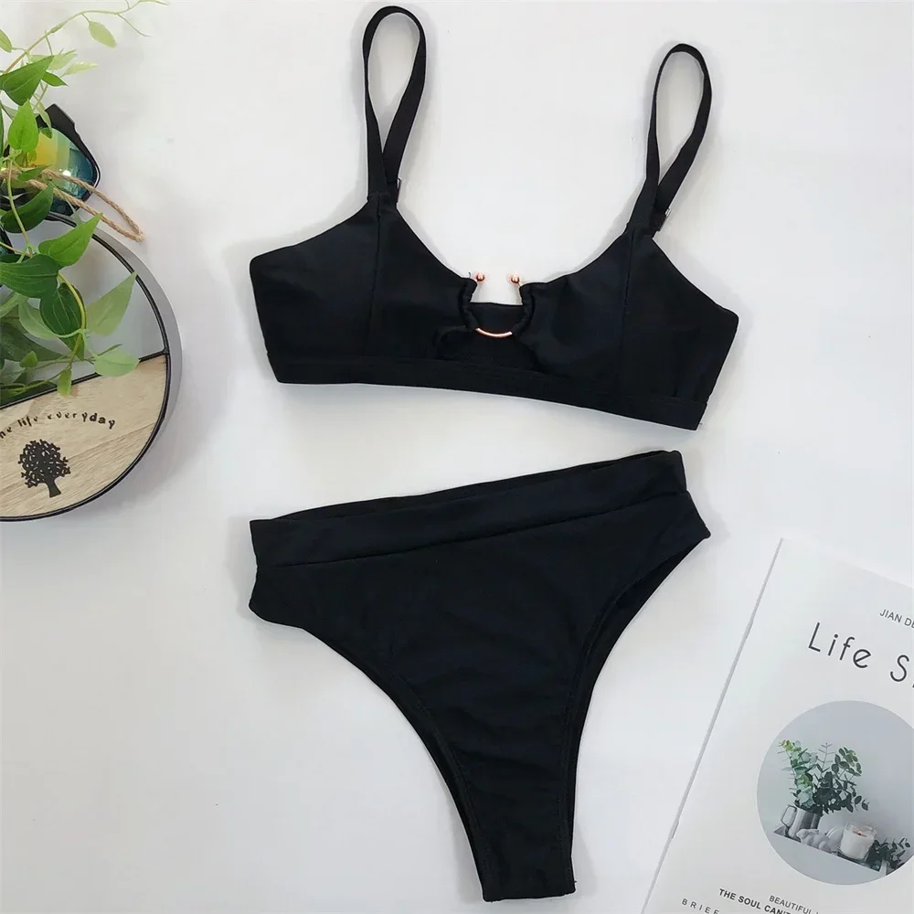 

High Waist Rings Hollow Out Bikini Black Print Swimsuit Push Up Vacation Swimwear Women Micro Beach Swimming Outfit Bathing Suit