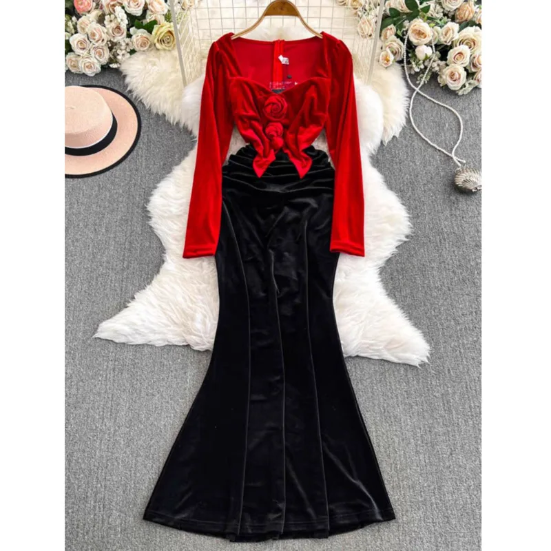 [ZOCI]  Elegant Women's Dinner Party Long Winter Flower Color Waist Velvet Dress