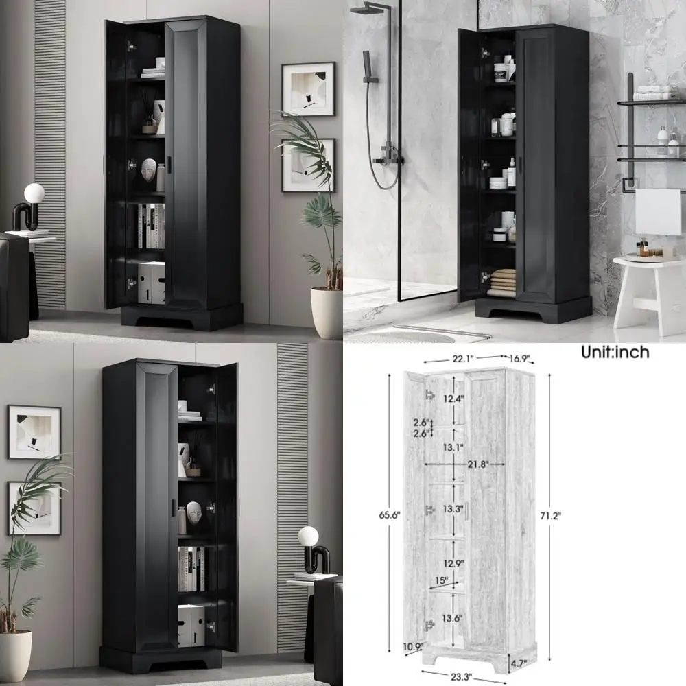 خزانة تخزين طويلة مع بابين، منظم مساحة واسعة لمخزن المطبخ، خزانة كتب، مثالية للاستخدام في الحمام أو المكتب، أسود #1