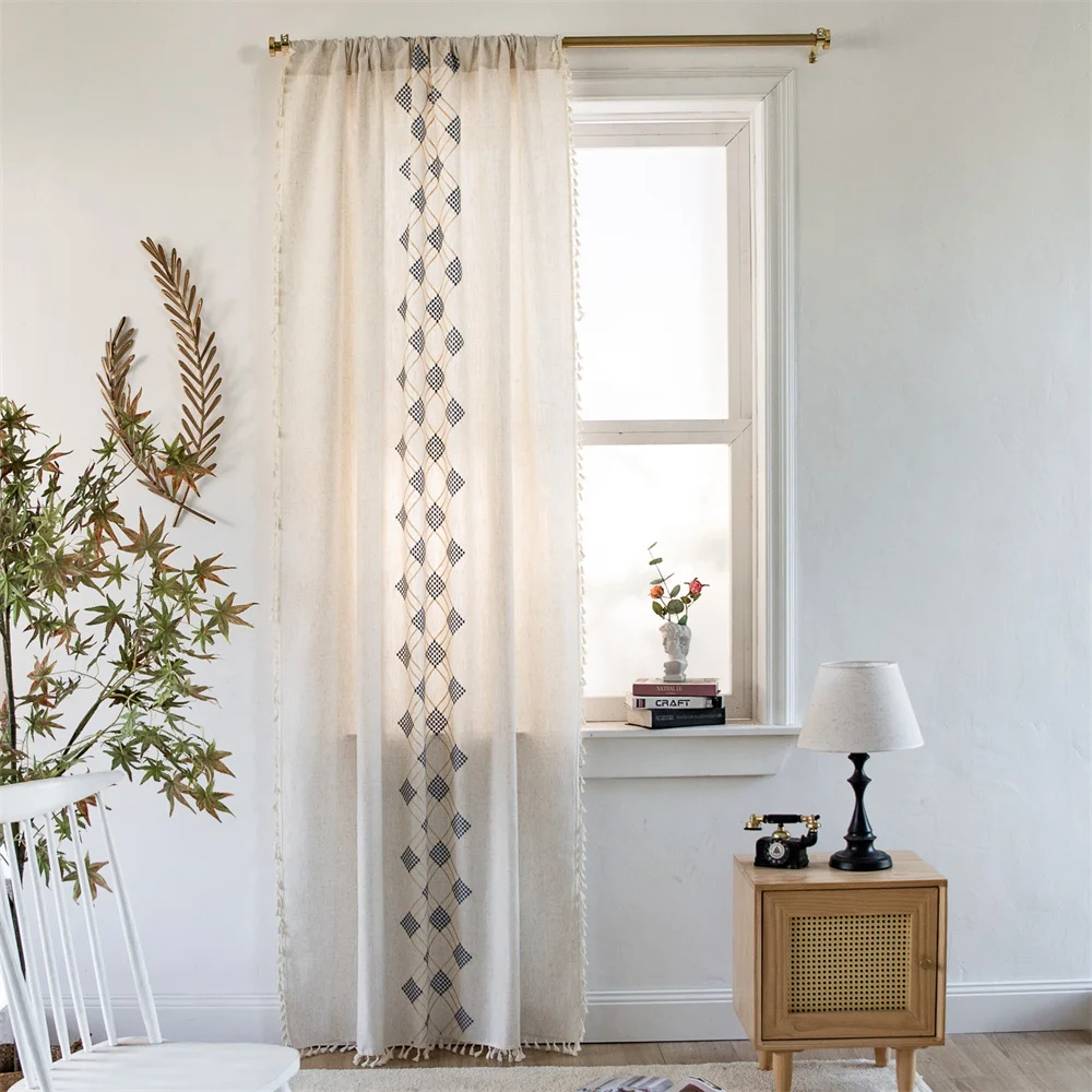 

Curtains for Living Room Bedroom Decoration Boho Style Cotton Linen Embroidered Semi Blackout Floor-to-ceiling Window Curtain