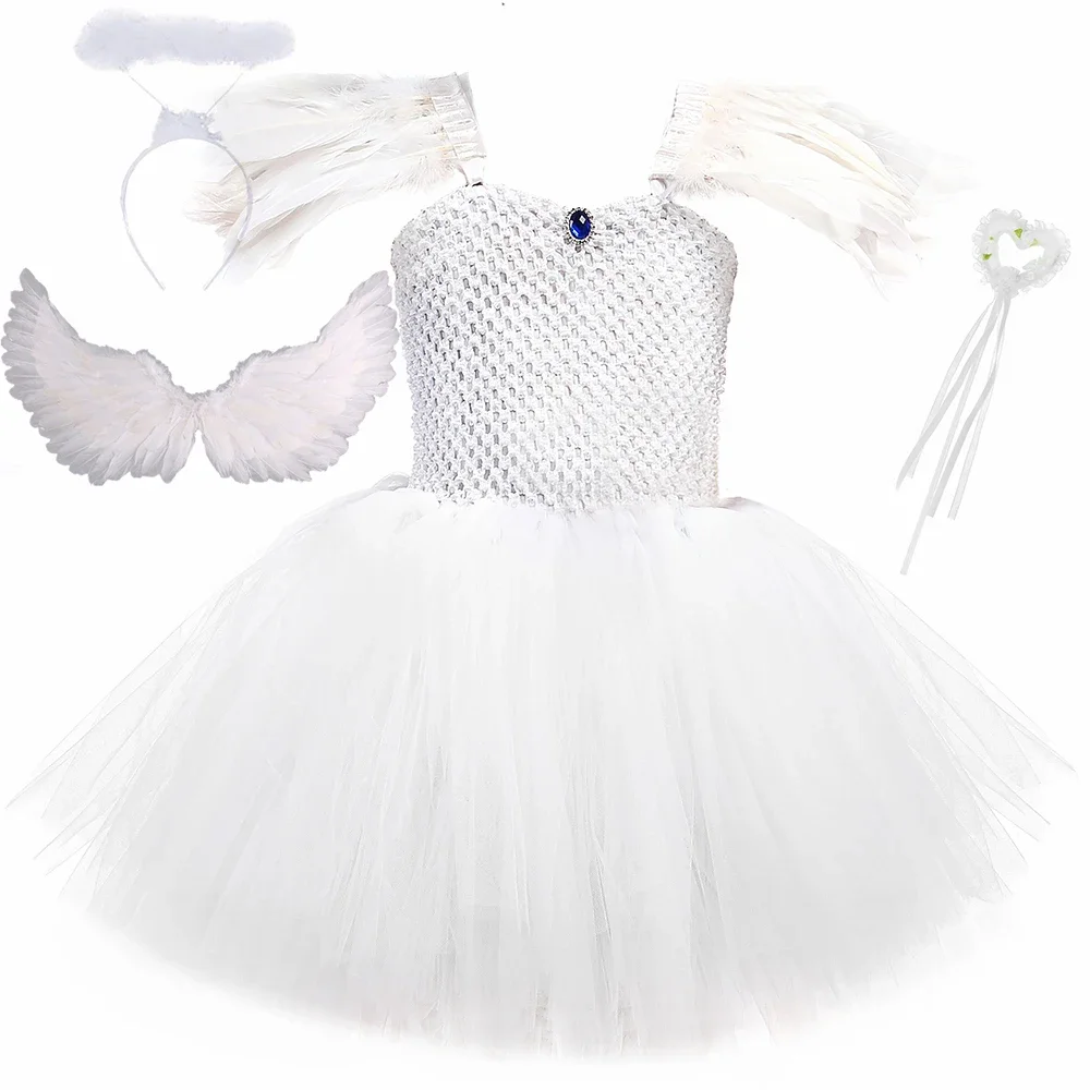 Black Dark Fallen Angel and White Guardian Angel Costume for Girls Kids Christmas Halloween Party Fancy Tutu Dress Up with Wings