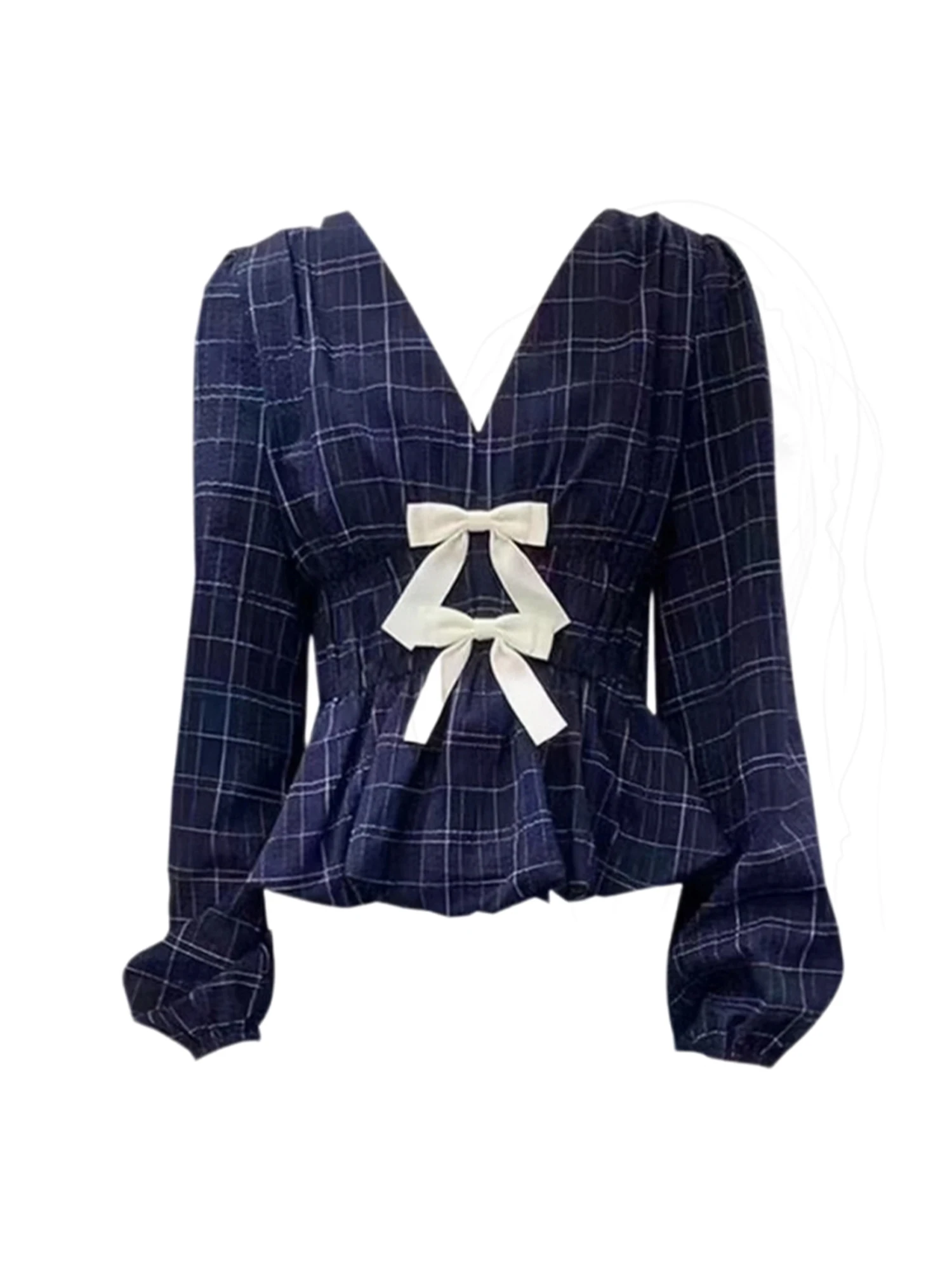 Damskie koszule i bluzki w ciemnoniebieską kratę z kokardą, estetyka vintage, styl Y2k z lat 2000, koszula oversize z długim rękawem i dekoltem w serek, odzież wiosenno-jesienna.