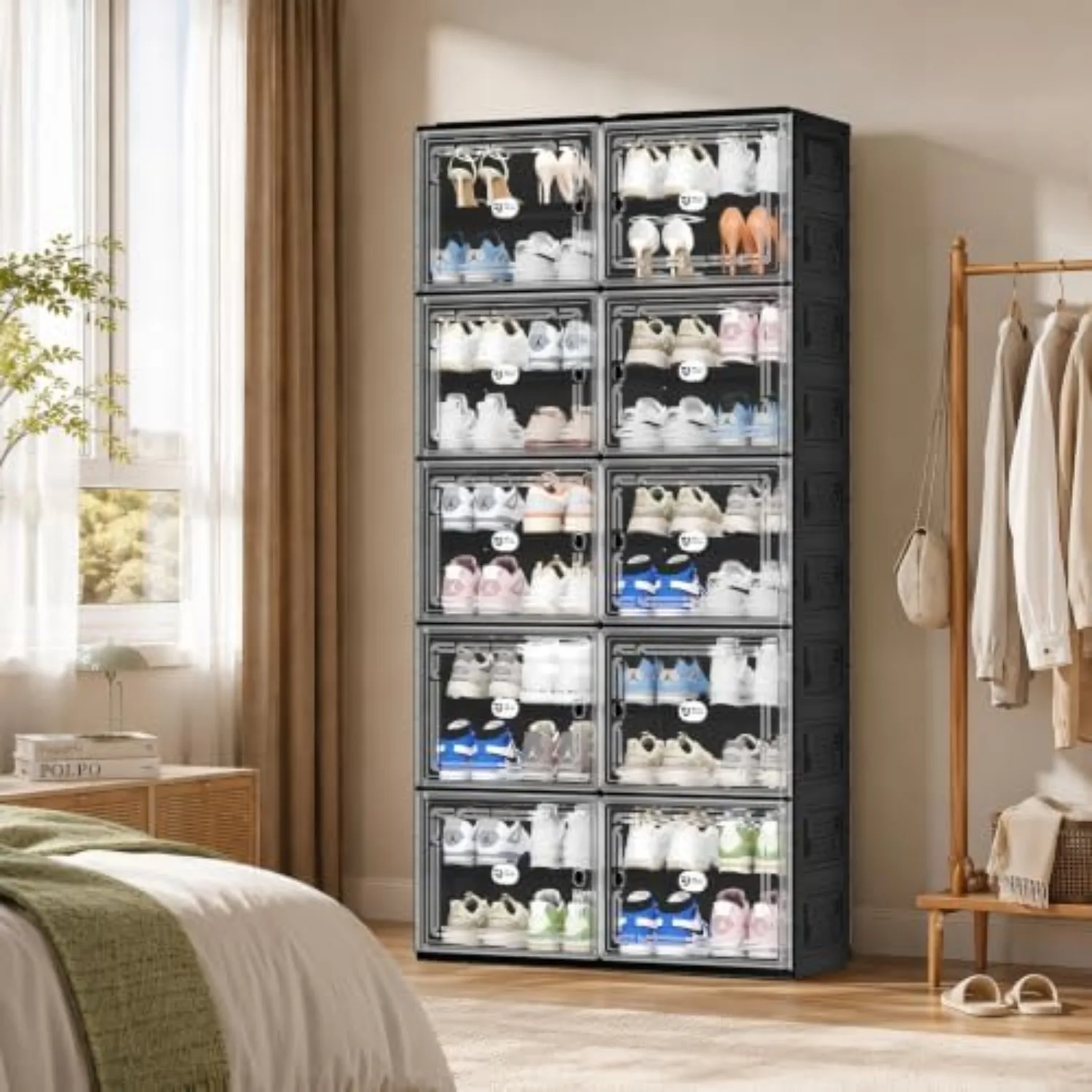 Black Shoe Storage Cabinet for 40 Pairs with Magnetic Clear Doors | Tool-free Assembly, Foldable Shoe Rack, Reinforecd