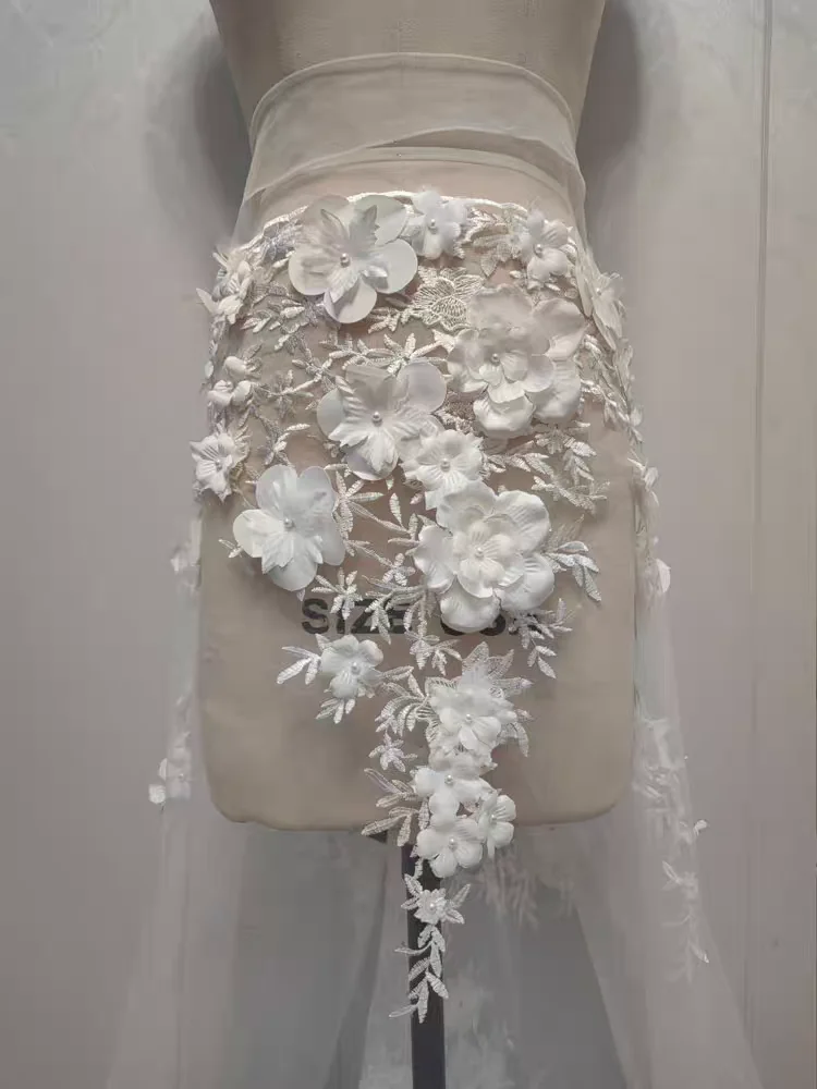 Rosa e marfim 3D flores rendas com pérolas bordadas tecido de flores vestido de noiva tecido de renda