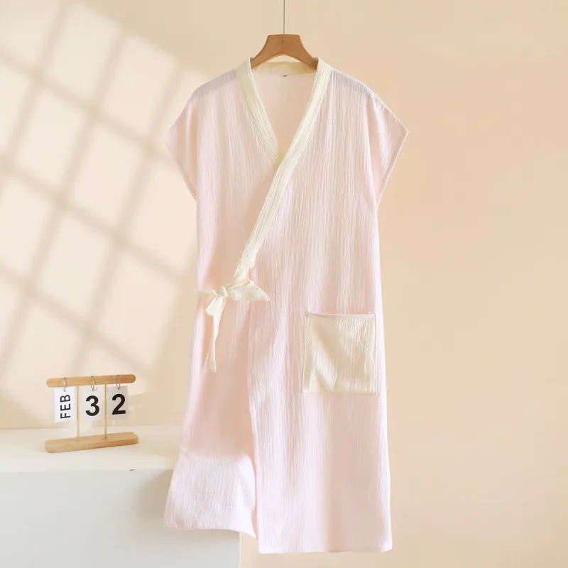 Spring Summer Women Simple Jacquard Robe Female Sleep Dress 100% Crepe Cotton Bathrobe Girls Short Sleeve Home Kimono Robe 3