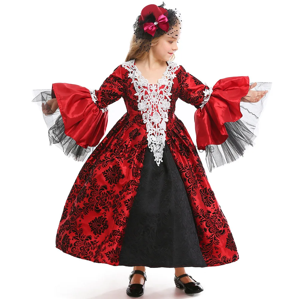 

2023 Medieval Kids Renaissance Gothic Vampire Costumes Cosplay Dress Hat Petticoat For Girls Halloween Ball Model Runway Costume