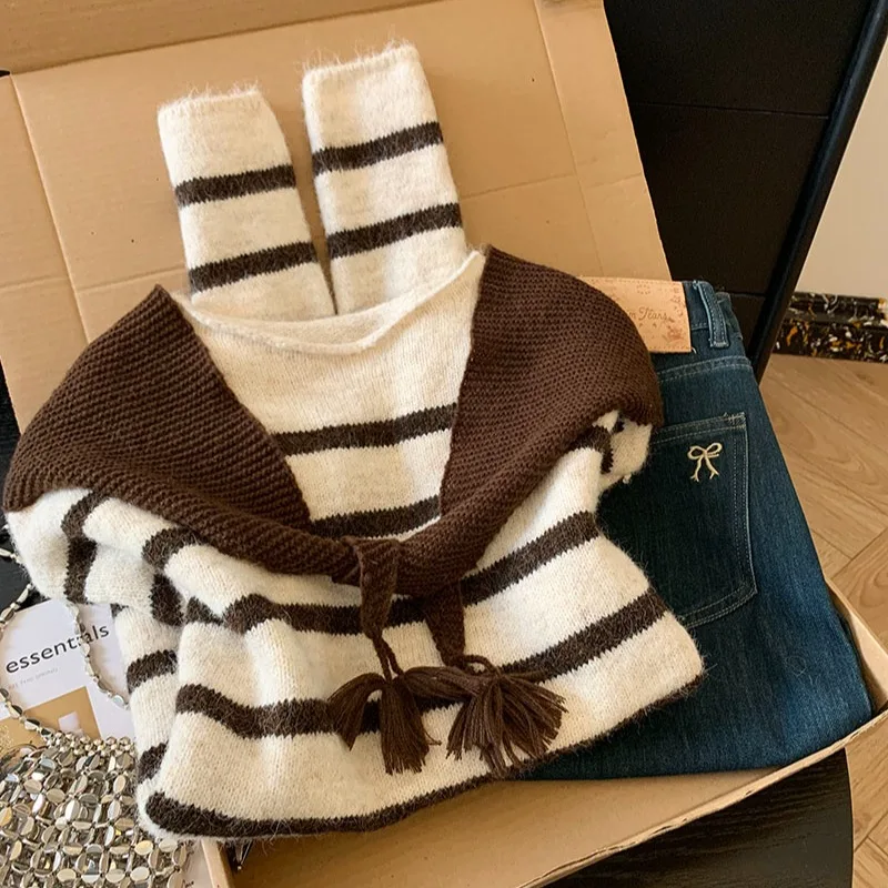 سترة محبوكة للنساء، نمط فضفاض/كسول، سترة بألوان متباينة، طقم شال مكون من قطعتين، متوسط الطول