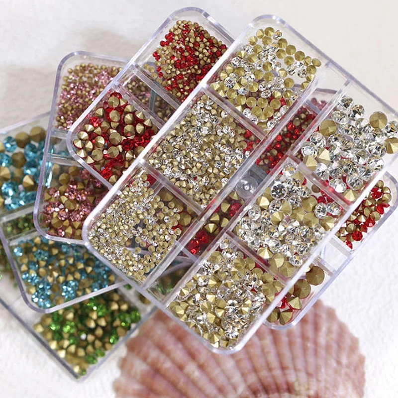 6 Grids Mixed Pointed Bottom Nail Art Rhinestones 3D Colored Crystal Shiny Gems Suitable For DIY Nail Art Supplies Decoration