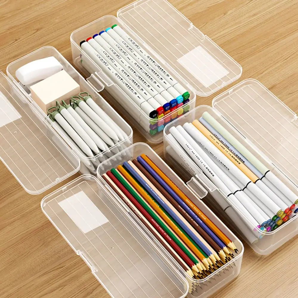 Boîte de rangement en plastique de grande capacité, étui à crayons multifonction, boîte à stylos transparente, cadeau simple