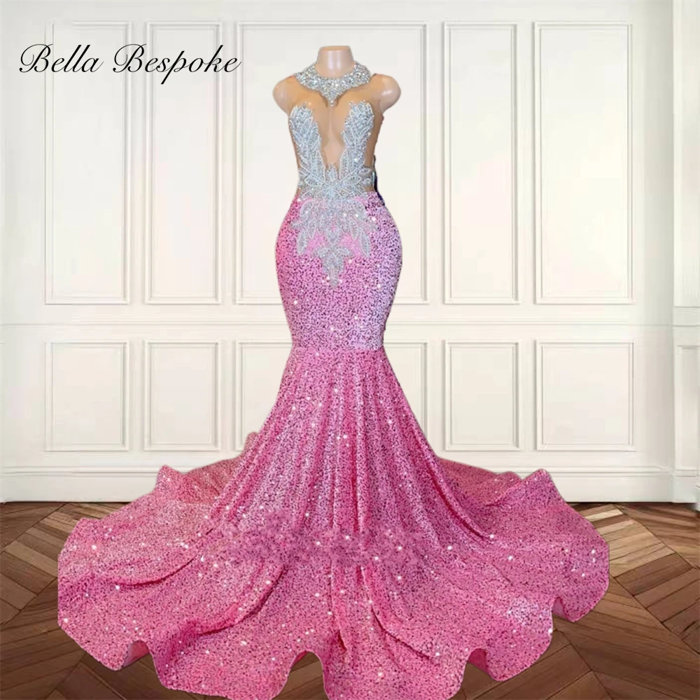 

Pink O N Long Prom Dresses For Black Girl Bead Crystal Rhinestone 2025 Birthday Luxury Dress Sequined Evening Dresses Customized