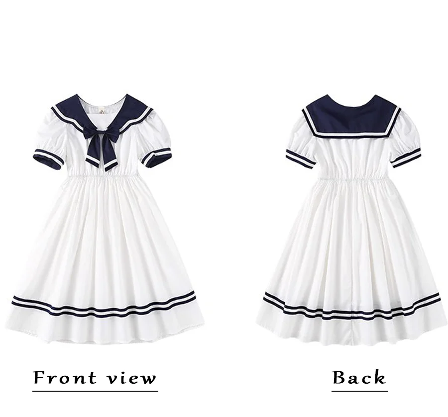 Children's Academy Style Dress Summer New Girl Solid Stripe Navy Neck Short Sleeve Formal Occasion Girls and Kids Clothing