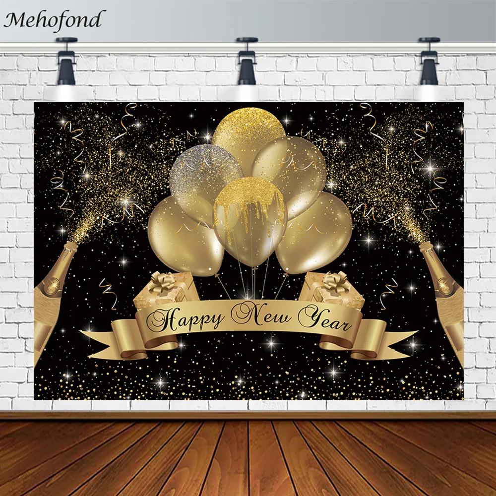 

Happy New Year Golden Balloon Champagne Glitter Decoration Black Photography Background Adult Birthday Party Poster Custom Name