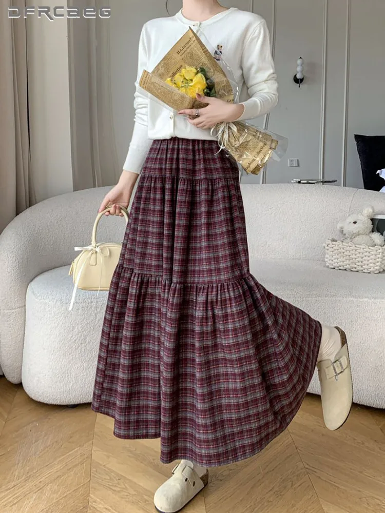

Autumn Winter Retro Plaid Long Skirt Woman Elastic Waist Casual Vintage Big Swing Midi Skirts Lady
