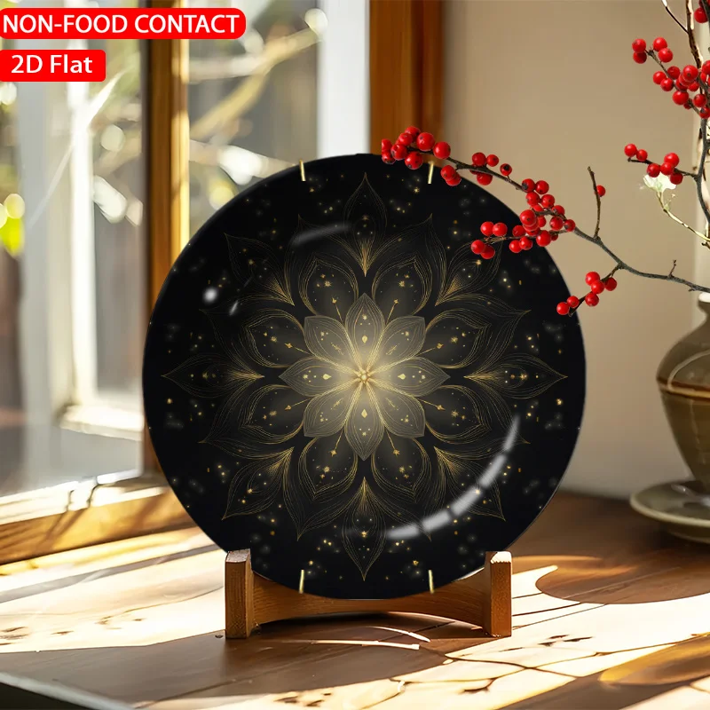 Golden Floral Mandala Dark--2D Planar Circular Porcelain Plate, Not for Food Contact, for Home Tabletop Decoration, as a Piece