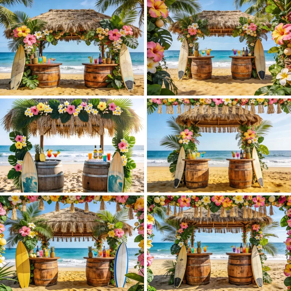 

Tropical Hawaiian Beach Tiki Bar Photography Backdrop Summer Ocean Surfboard Floral Luau Holiday Party Photostudio Background