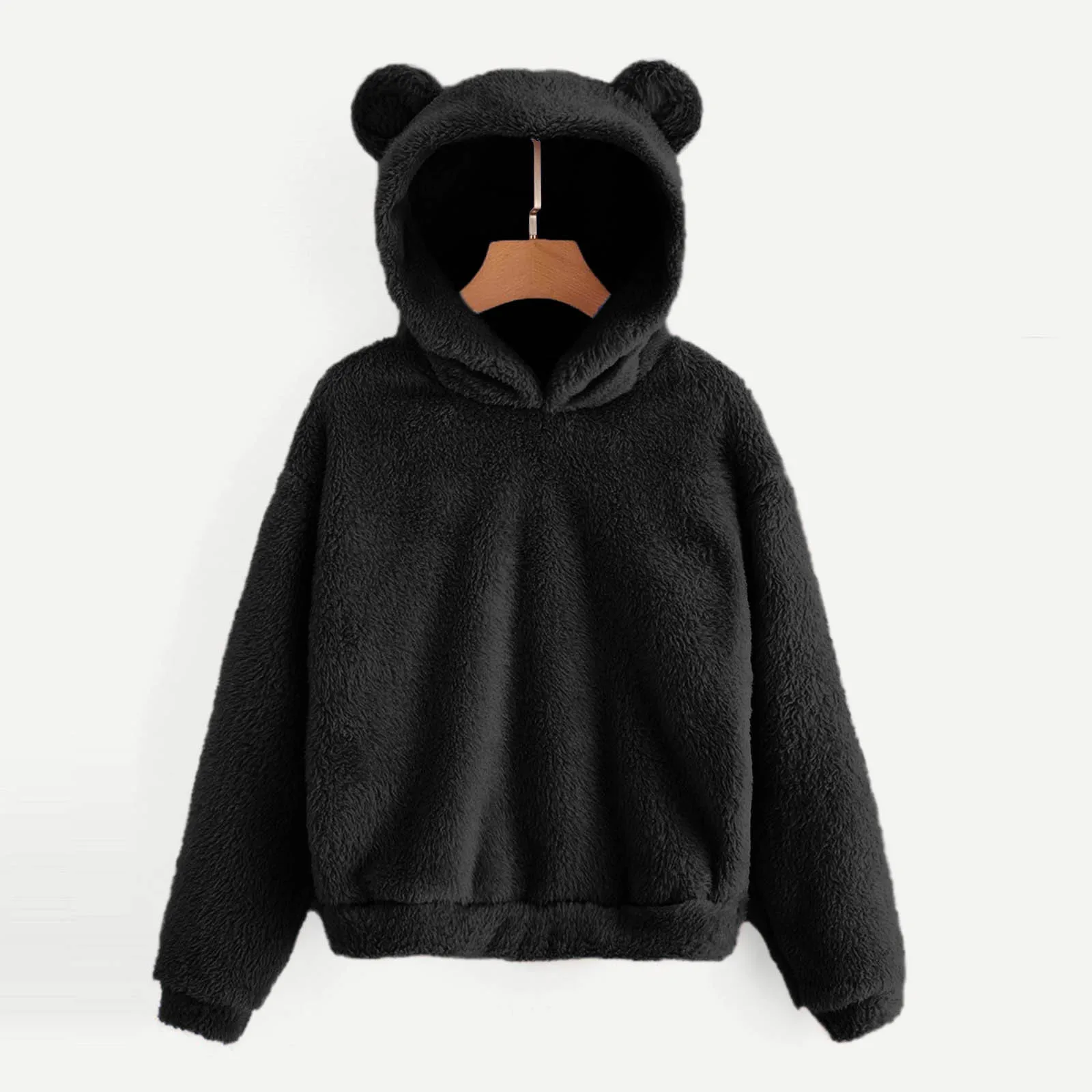 Women's Long Sleeve Fleece Solid Sweatshirt Warm Bear Shape Fuzzy Hoodie Coat Casual Solid Colour Pullover Sweatshirt Top