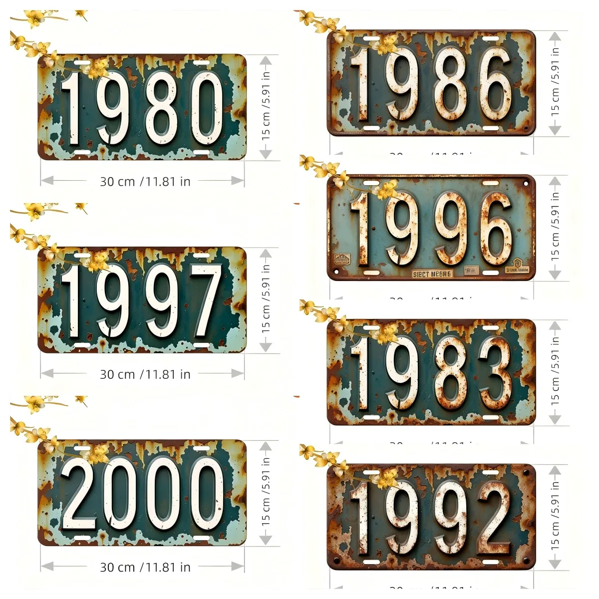 2D Flat Vintage Rusty Year Number 1980-2000 Metal License Plate Retro Wall Decor Tin Sign