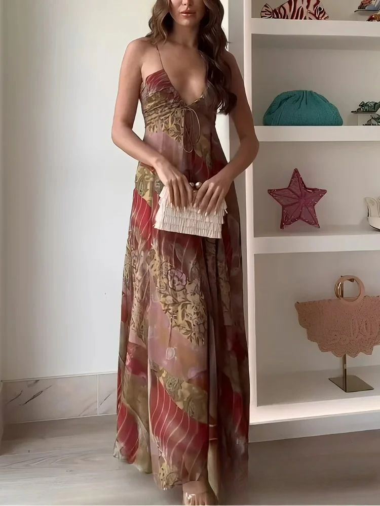 KONDALA Abito da donna sexy con stampa floreale Abito lungo con volant con scollo a V profondo Nuova moda Estate 2025 Abito da vacanza Boho Beach