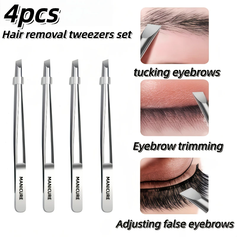 4pcs High-Quality Stainless Steel Eyebrow Tweezers Set Plucking Forceps Beard Removal Tweezers Slanted Eyebrow Tweezers