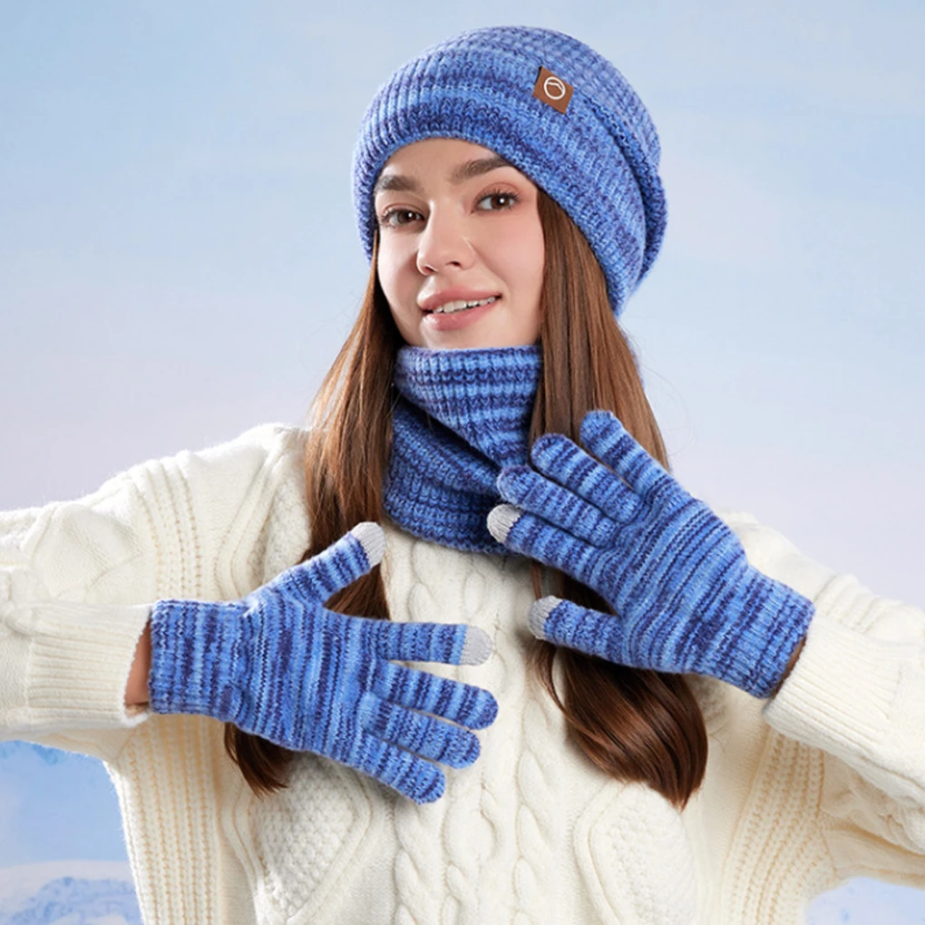 Warm & Soft Winter Fleece Knitted Hat Scarf Touch Screen Gloves 3Pcs Set Perfect Ear & Neck Warmer for Skiing Hat Outdoor Sports
