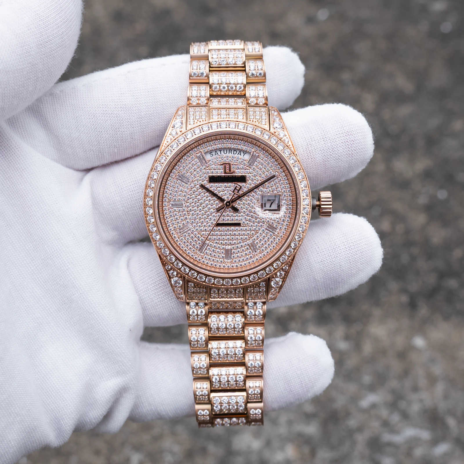 OBLVLO RX-DD-AD Men's Luxury Dress Watch 40mm Full Rose Gold Crystal Automatic Date Feature Elegant Gemstone Timepiece