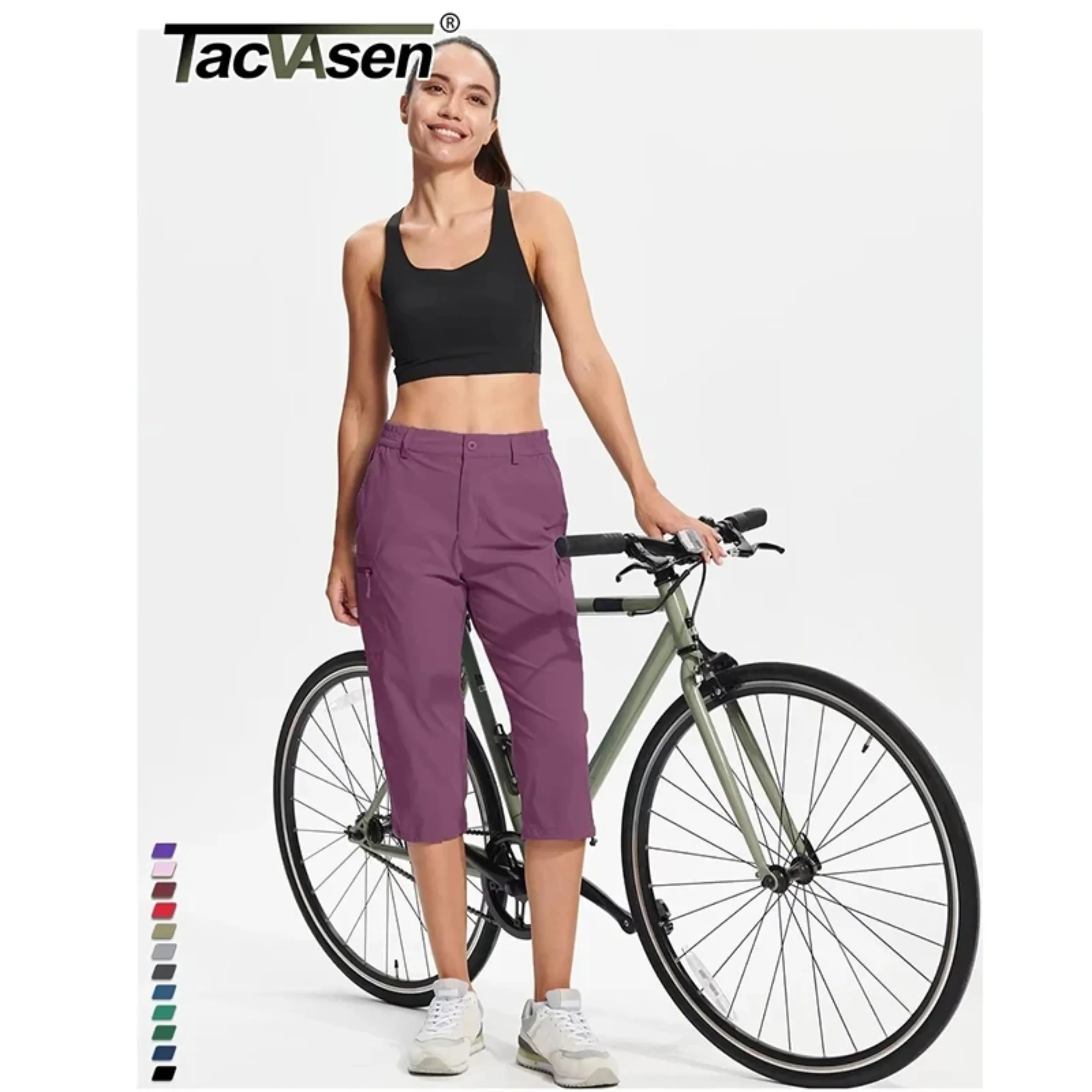 TACVASEN Summer Quick Dry Hiking Capri Shorts Womens Athletic Cargo Shorts 3/4 Below Knee Length Outdoor Riding Nylon Shorts