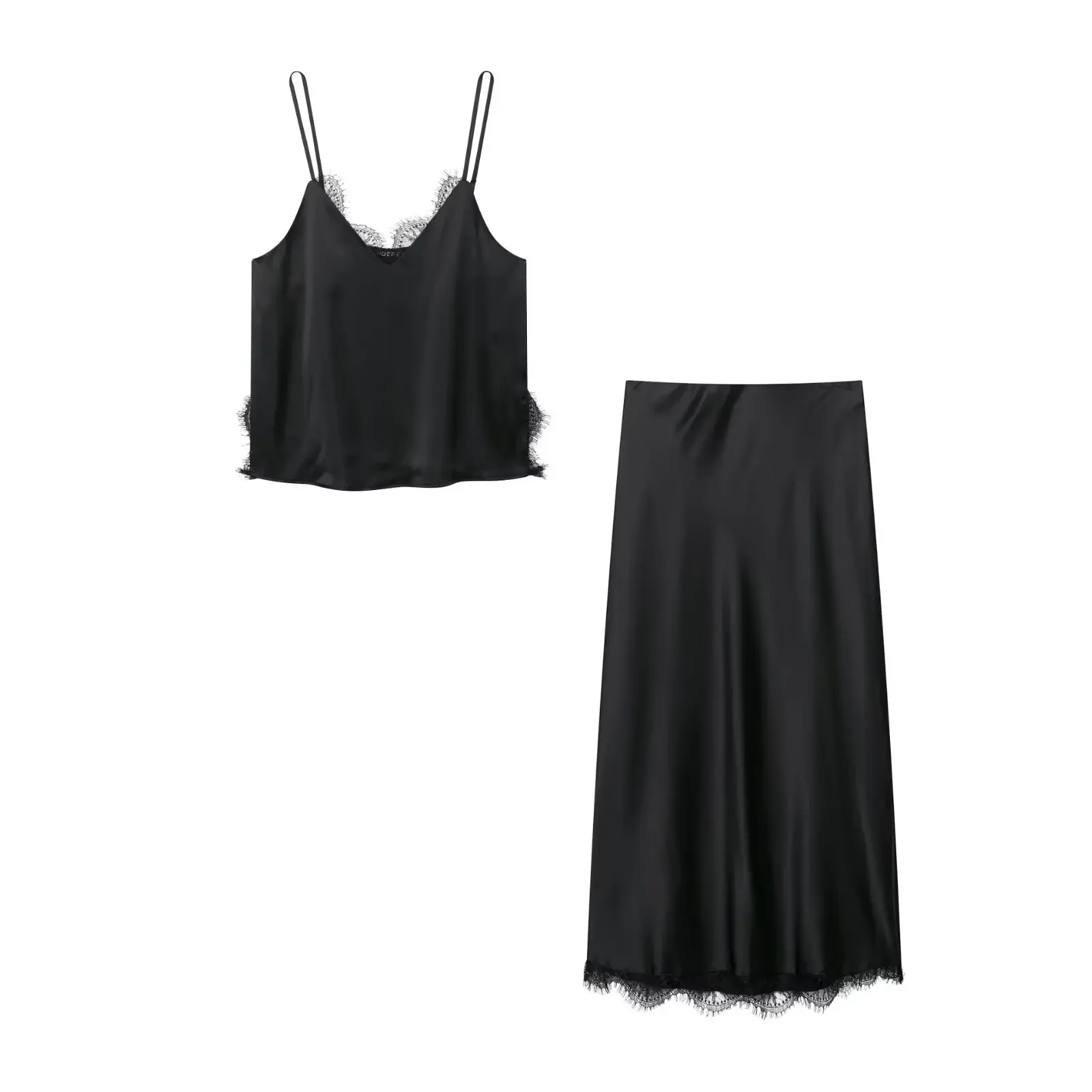 

Summer Women Casual Outfit Satin Black Suit Lace Decoration Sleeveless V-Neck Backless Short Sling Top+Midi Skirt Two Piece Set