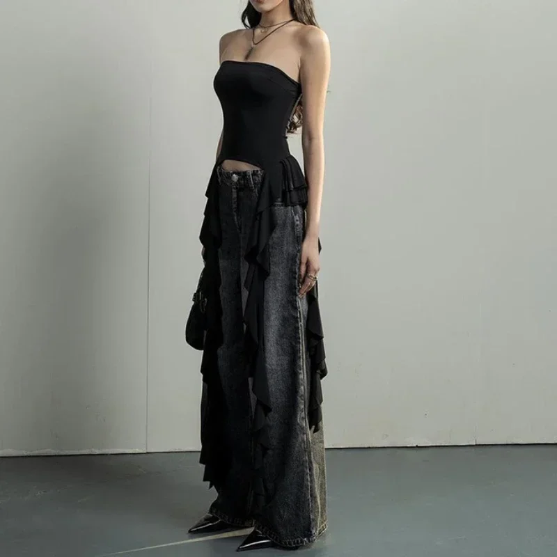 Y2k débardeurs asymétrique frangé haut à volants Streetwear noir sans bretelles femmes vêtements d'été débardeur femmes 2025