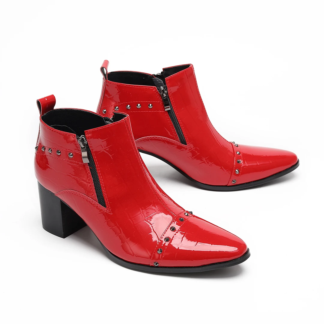 

Design Pointed Toe Rivets Patent Leather Men High Heel Boots Big Size Male Club Stage Footwear Man Zipper Formal Ankle Boots