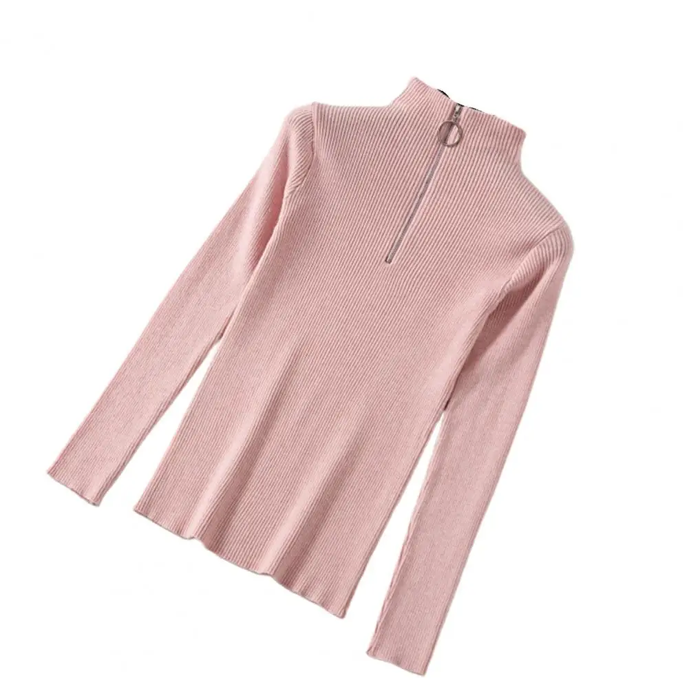 Women Sweater Solid Color Half High Collar Pullover Top Zipper Decoration Casual Base Sweater For Daily Wear Suéter De Mujer