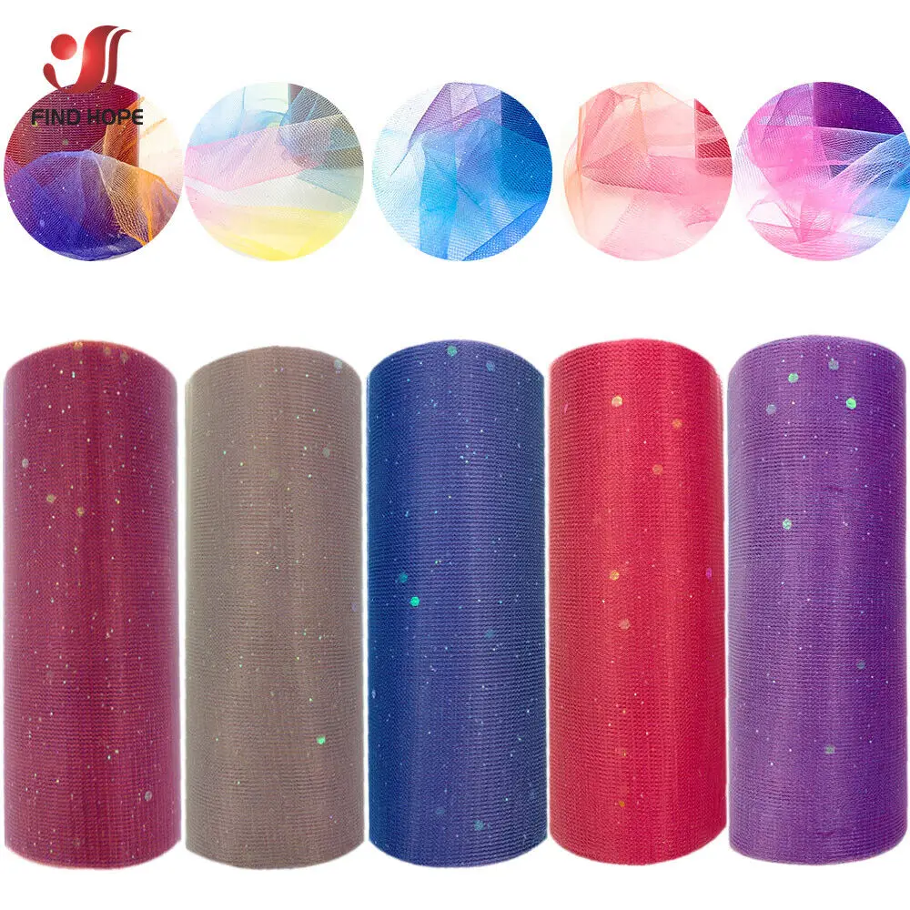 5pcs Bundle 10Yard/Roll Rainbow Glitter Tulle Fabric DIY Craft Sash Baby Shower Tutu Skirt Headwear Gifts Packaging Party Decor