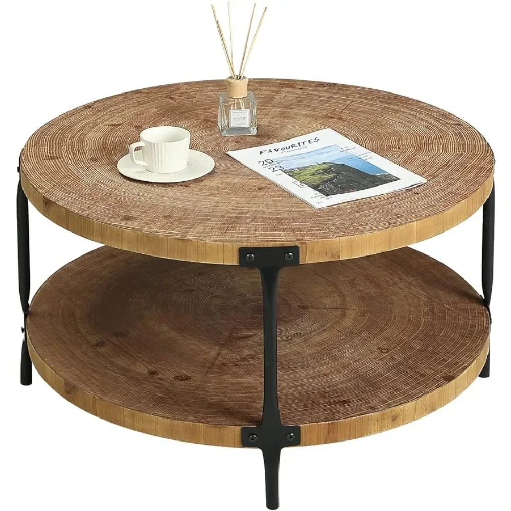 Mesa de centro redonda com design colorido de madeira natural, 31,5 polegadas, d x 18,3 polegadas, móveis para sala de estar, mesas de café, conjunto de café de serviço de luxo